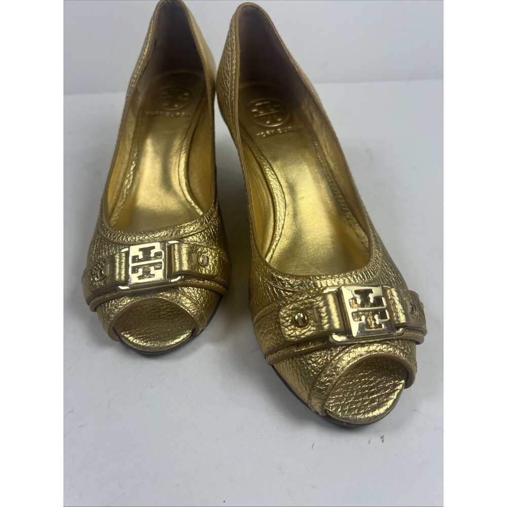 Tory Burch Gold Leather Wedge Peep Toe Pumps Sz 7.5 GLAM MOBWIFE VINTAGE